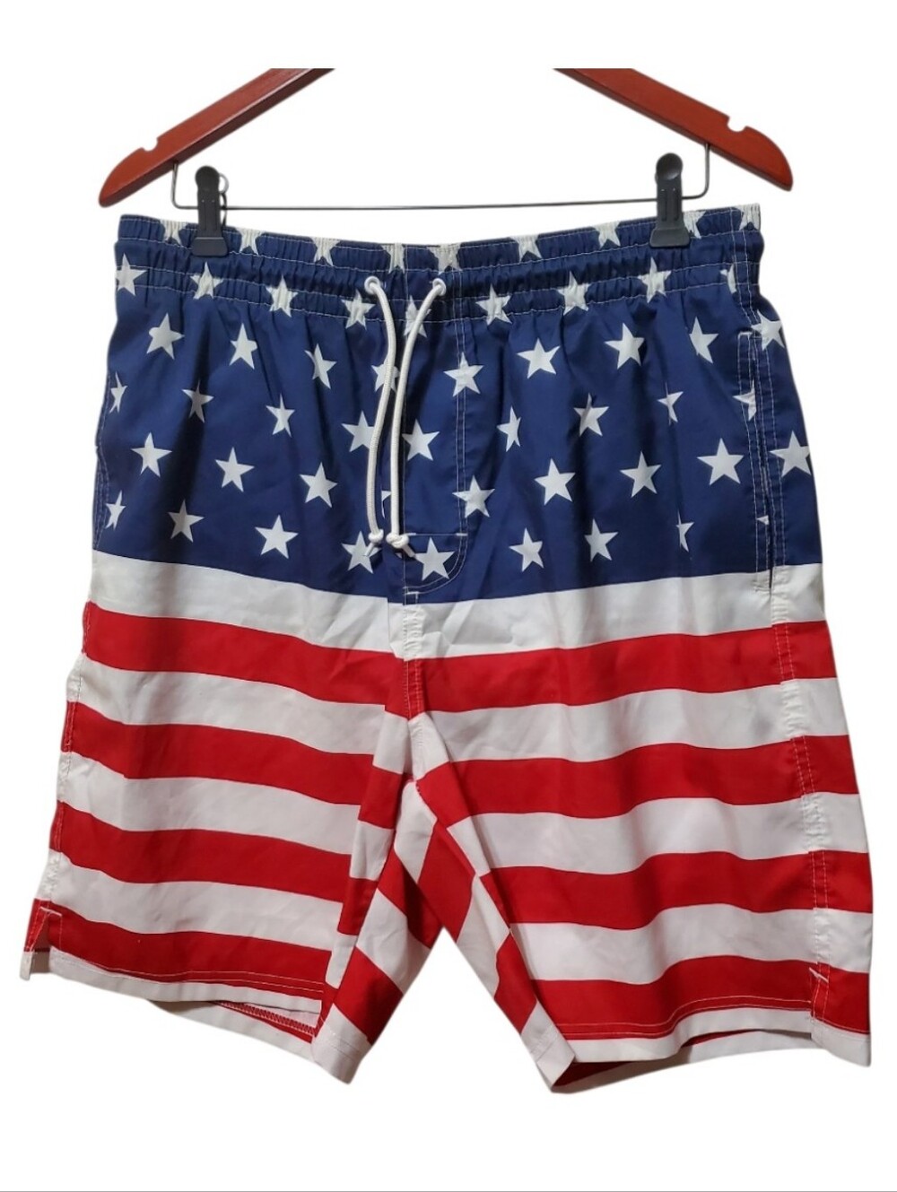 Men's Flag-Print Swim Shorts Red, White and Blue Size Lg